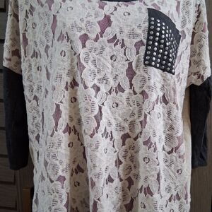 Buckle Cream Lace Long Sleeve Top with Black Studded Pocket